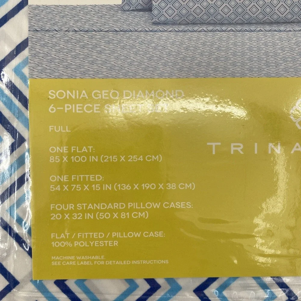 Trina Turk Sheet Set FULL White Blue Sonia Geo Diamond Geometric Colorful Modern
